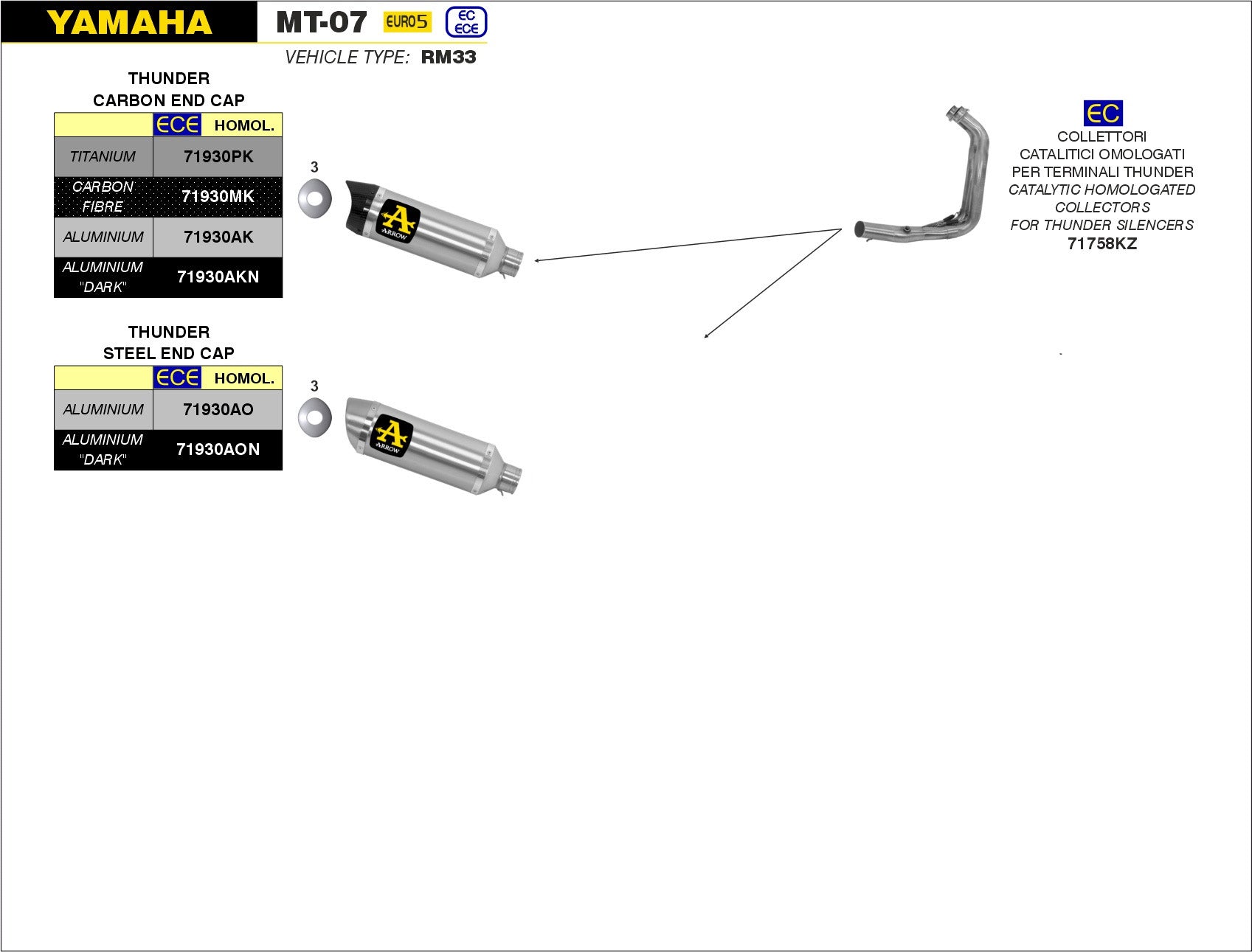 COMPLETE EXHAUST EURO5 HIGH THUNDER ALUMINUM ARROW YAMAHA MT-07 2021-22