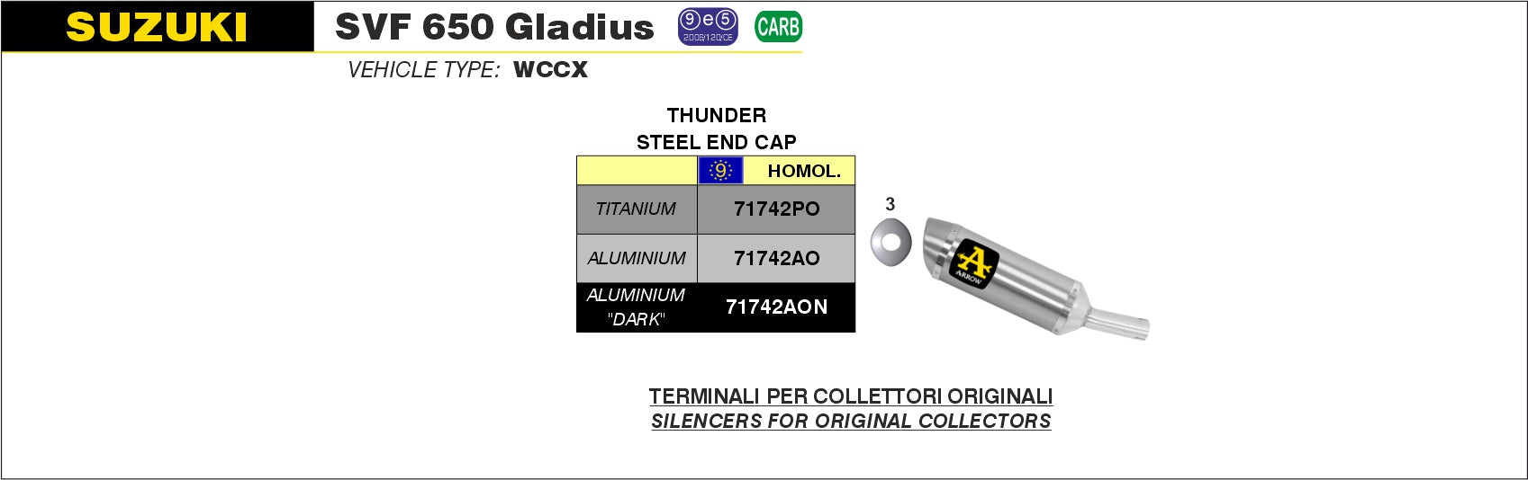 SILENCER STREET THUNDER TITANIUM ARROW SUZUKI SVF 650 GLADIUS 09-15