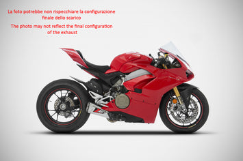 ZARD Doppio Scarico racing exhaust in titanium for Ducati Panigale V4 2018-19, showcasing its sleek design and titanium finish.