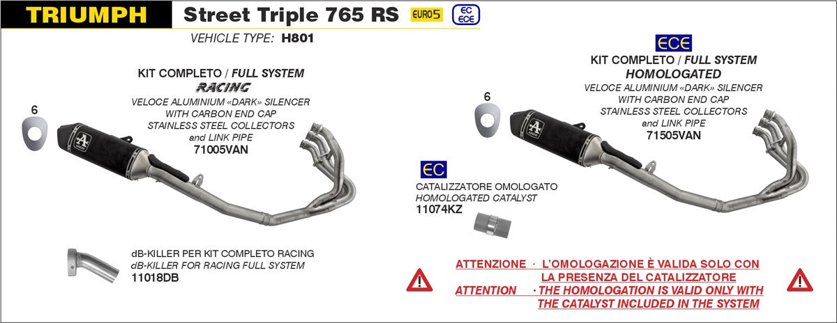 FULL EXHAUST RACING VELOCE ALUMINUM BLACK ARROW TRIUMPH STREET TRIPLE 765 RS 23