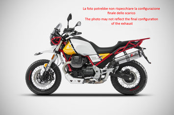 ZARD titanium racing exhaust terminal for Moto Guzzi V85 TT 2019-23, showcasing sleek design and durable construction.