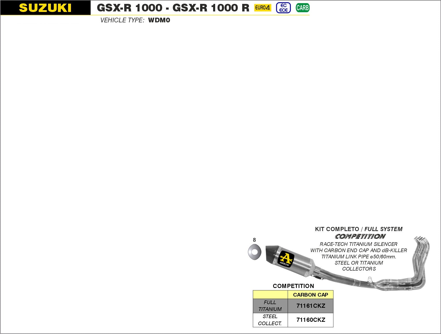 COMPLETE KIT COMPETITION WITH DB-KILLER-CARB ARROW SUZUKI GSX-R 1000 2017-20