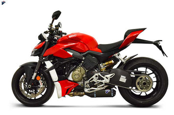Termignoni titanium black racing exhaust for Ducati Streetfighter V4 2020-22, showcasing the sleek, high-performance motorcycle exhaust system.