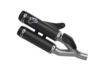 Termignoni racing carbon exhaust for Ducati Monster 821 Euro 4 2017, showing the sleek black carbon fiber and exhaust tip.