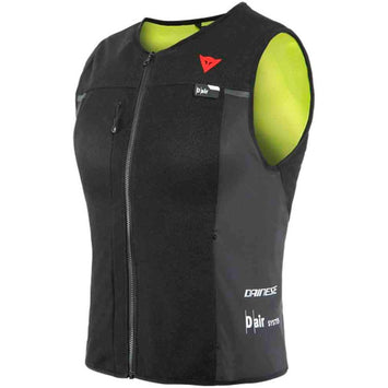 Dainese Smart Jacket Lady with D-Air airbag system in black and yellow fluo, designed for motorcycle safety and comfort.