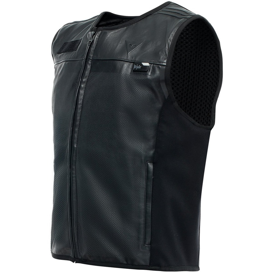 DAINESE Smart Jacket D-Air in black leather, showcasing the sleek design and airbag system for enhanced safety.