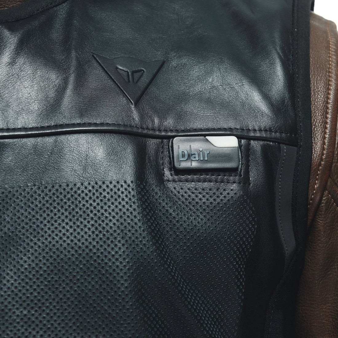 Dainese Smart Jacket D-Air in black leather showcasing airbag system and sleek design for motorcycle safety.