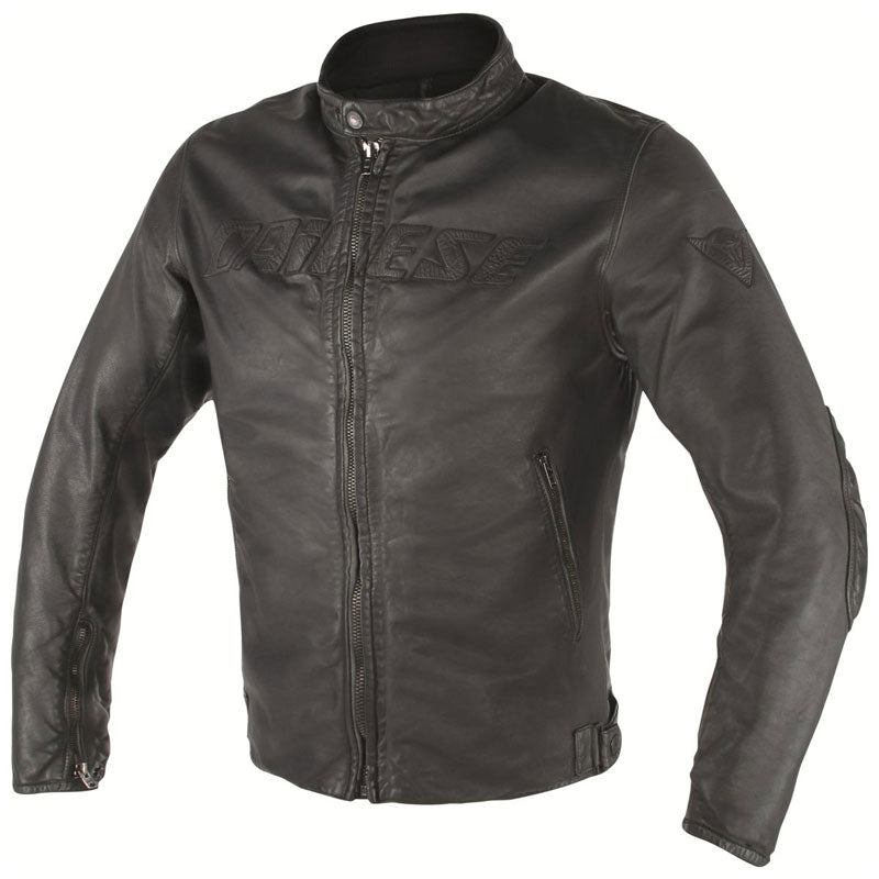 Dainese vintage leather jacket in a classic design, showcasing rich textures and authentic style details.