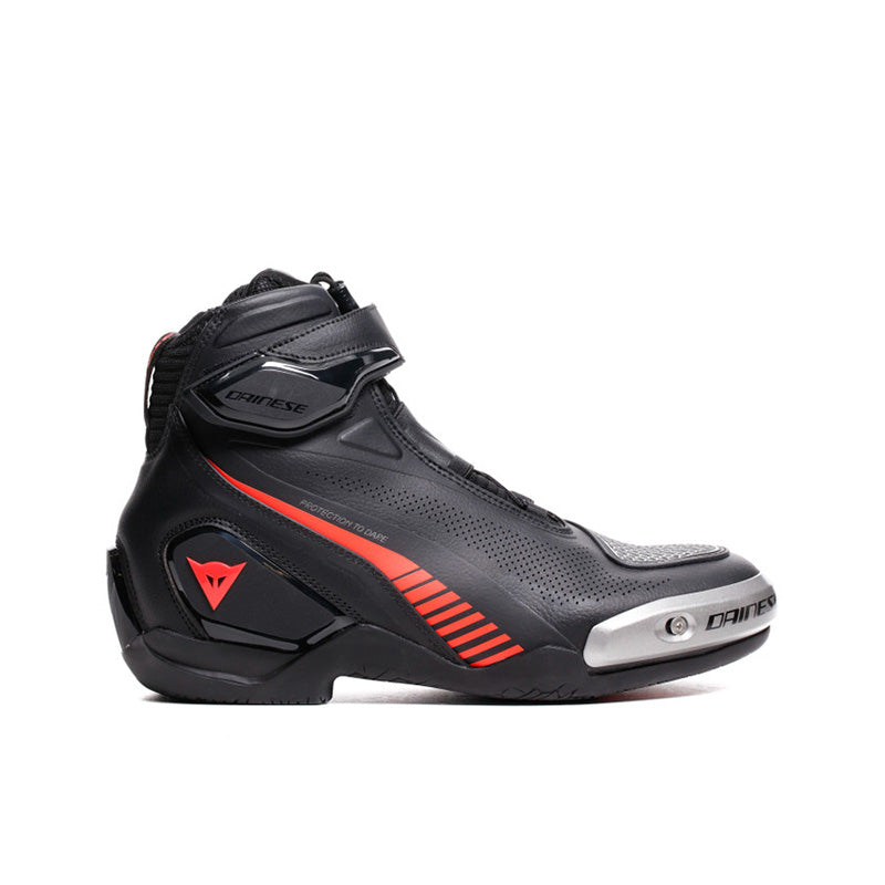 Dainese Superya racing motorcycle shoes in black and red fluoro with protective design and sporty look.