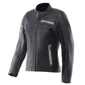 Black leather women's motorcycle jacket by Dainese Leggenda Lady, featuring protective design and stylish fit.