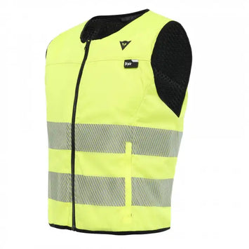 DAINESE Smart Jacket D-Air in high-visibility yellow fluo with airbag system, showcasing safety features and design.