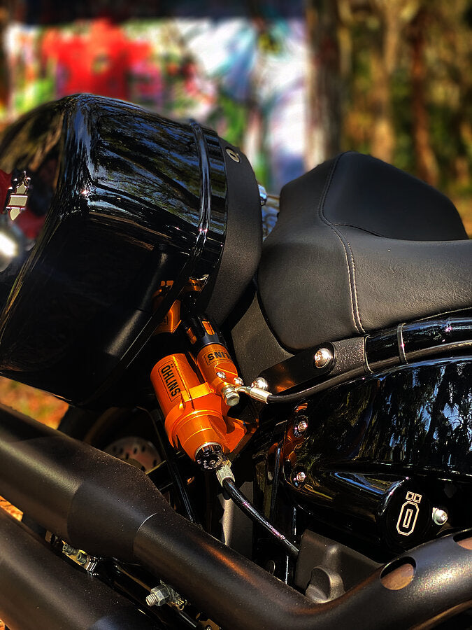 Rear shock absorber Ohlins S46HR1C1S for Harley Davidson Softail 2018-24, showing the high-performance suspension component.