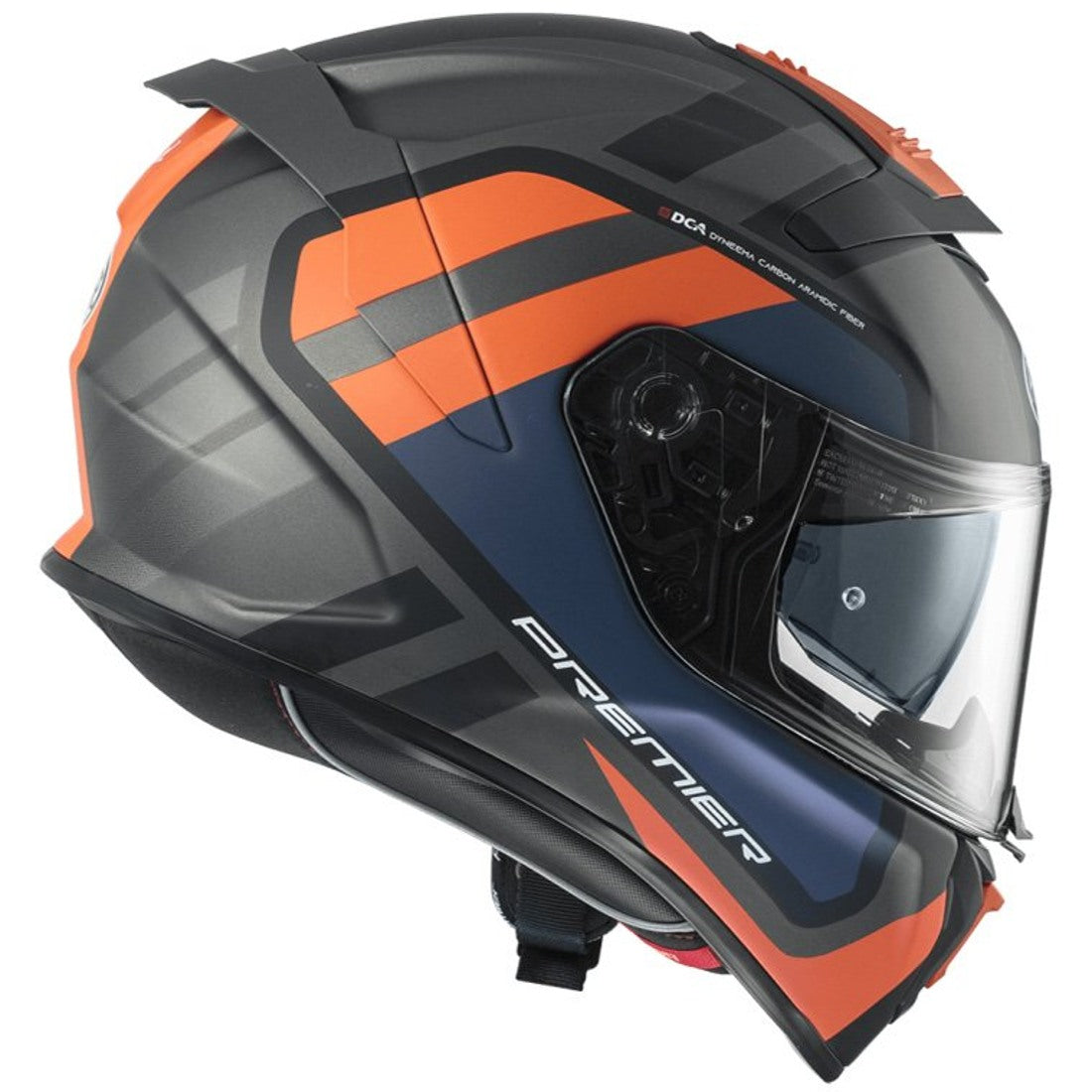 Premier Devil full-face motorcycle helmet in matte grey, blue, and orange with a sleek design and ventilation openings.