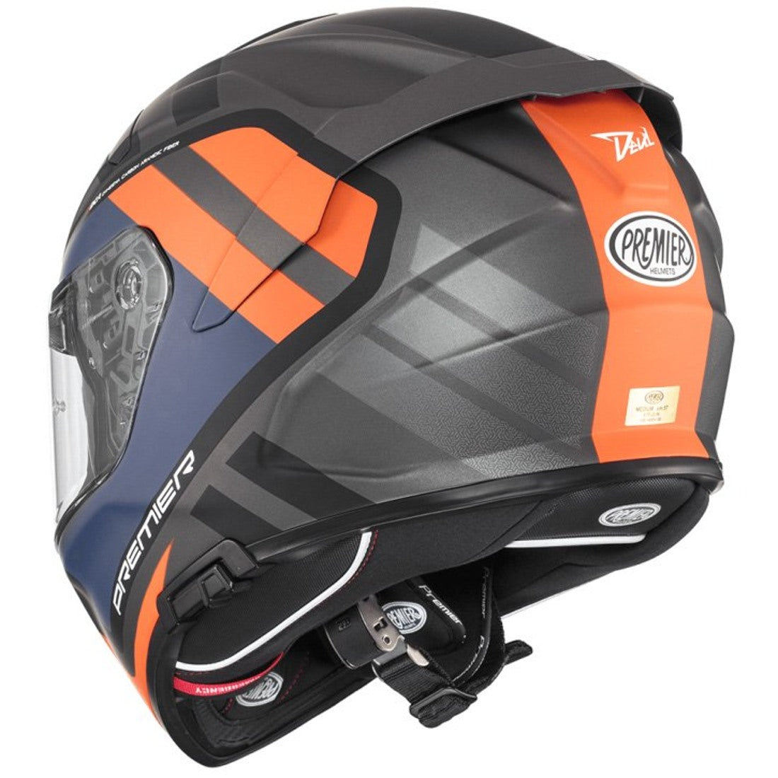 Premier Devil full-face motorcycle helmet in matte gray, blue, and orange with sleek design and ventilation features.