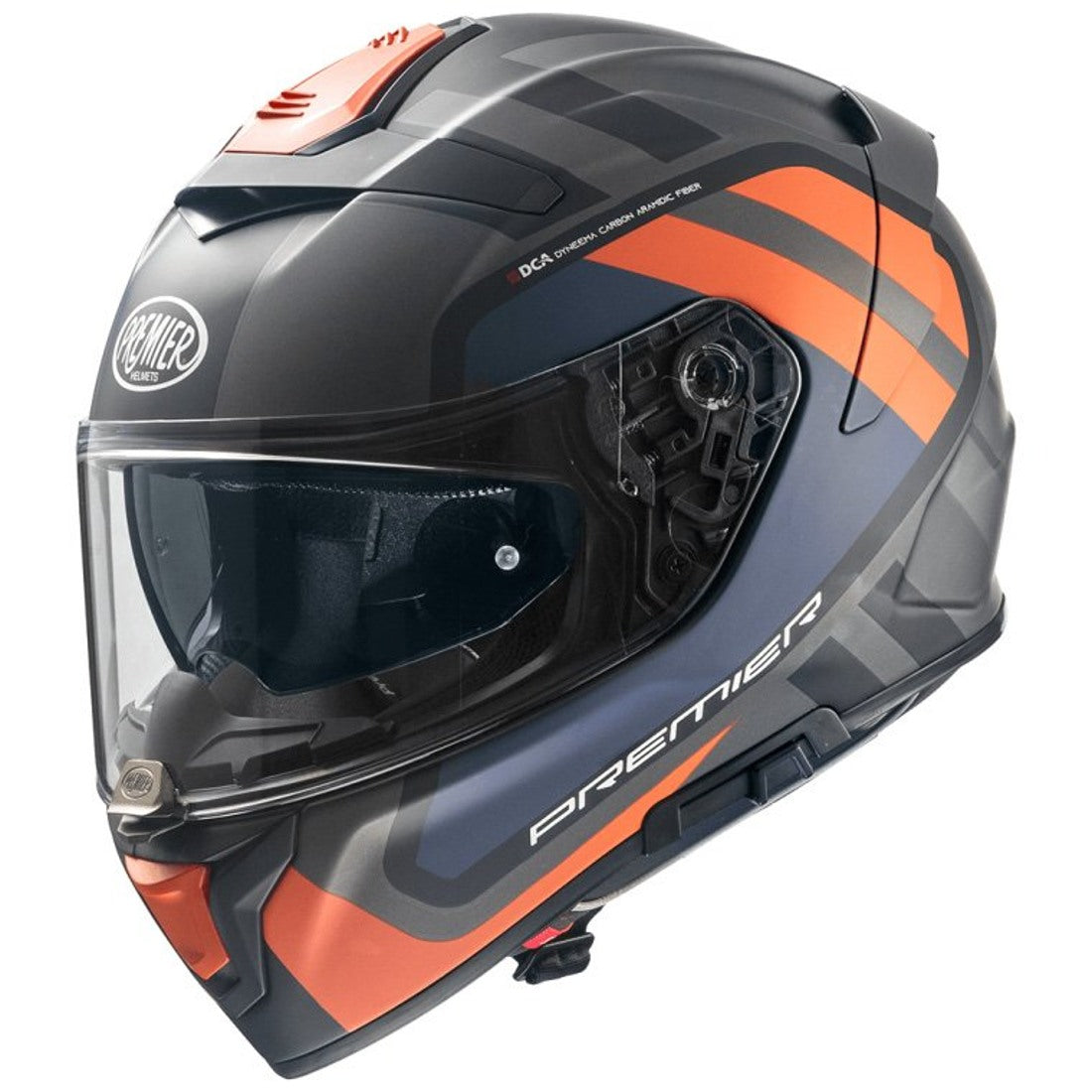 Premier Devil full-face motorcycle helmet in matte gray, blue, and orange colors, showcasing sleek design and ventilation.