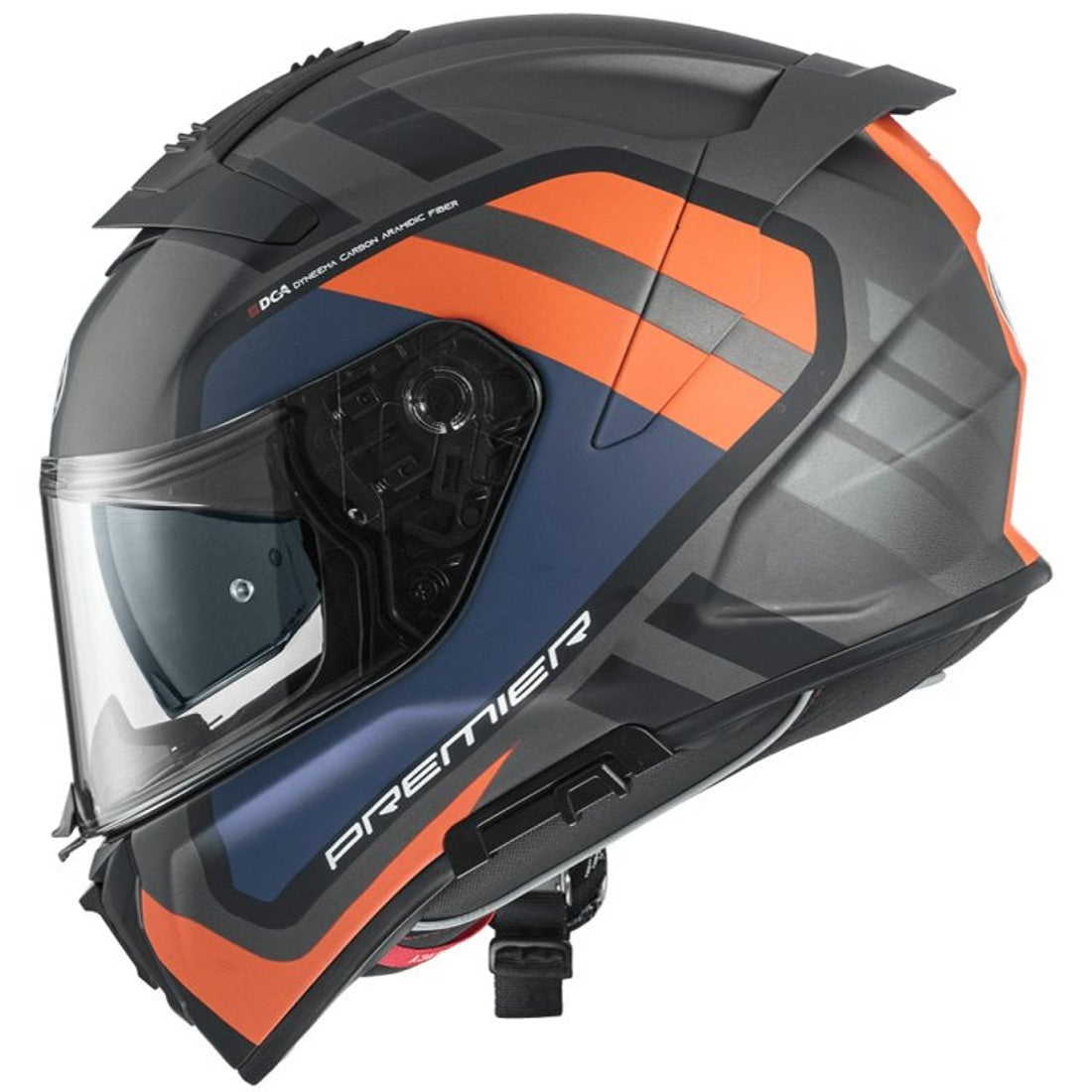 Premier Devil integral motorcycle helmet in matte gray, blue, and orange with a sleek design and ventilation features.
