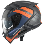 Premier Devil integral motorcycle helmet in matte gray, blue, and orange with a sleek design and ventilation features.