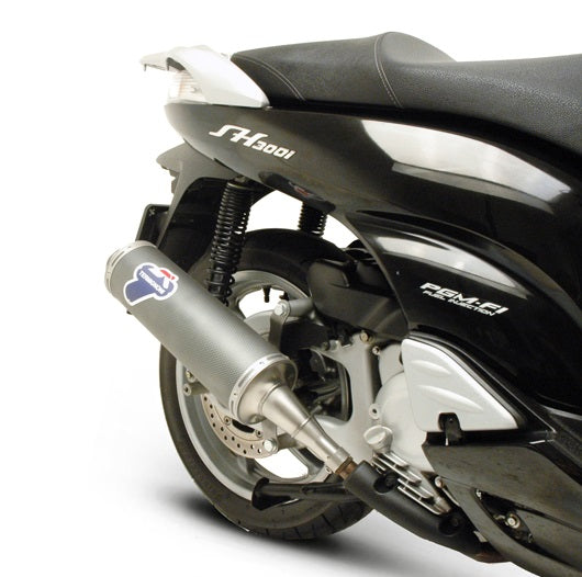 Termignoni carbon look exhaust for Honda SH 300 scooter, shiny stainless steel finish, mounted on motorcycle.