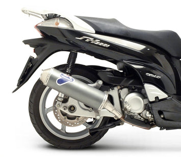 Stainless steel Termignoni exhaust tip for Honda SH 300 scooter, carbon look finish, compatible with 2007-2019 models.