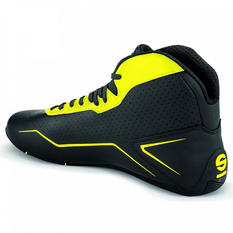 Yellow SPARCO K-POLE kart racing boots in size 48, featuring sturdy design and grip suitable for go-kart racing.