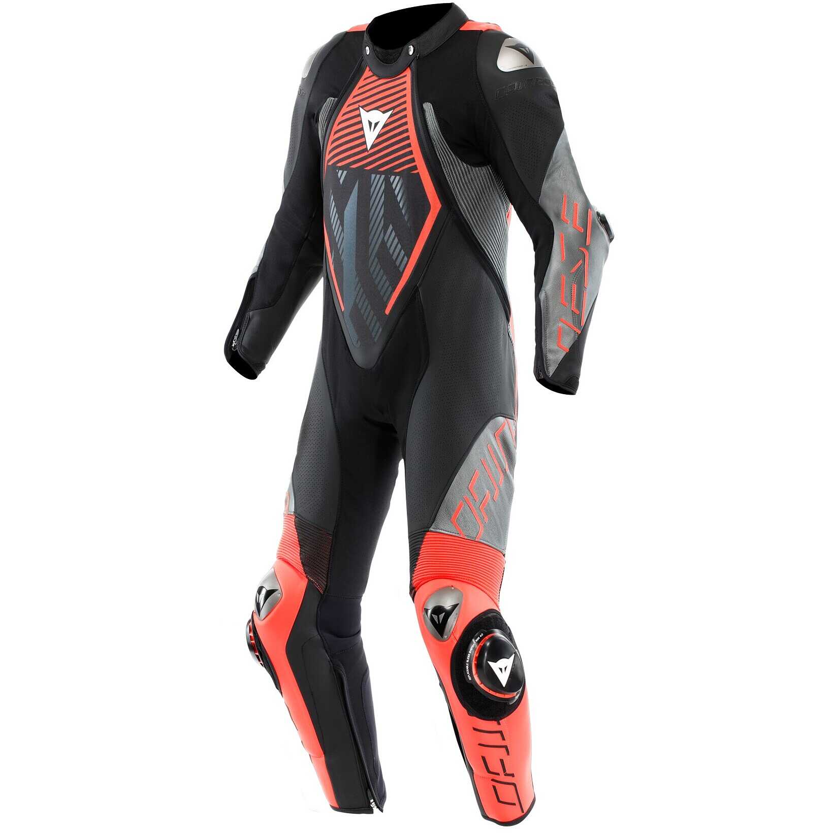 TUTA INTERA IN PELLE DAINESE AUDAX D-ZIP TRAFORATA NERA ANTRACITE ROSSO FLUO