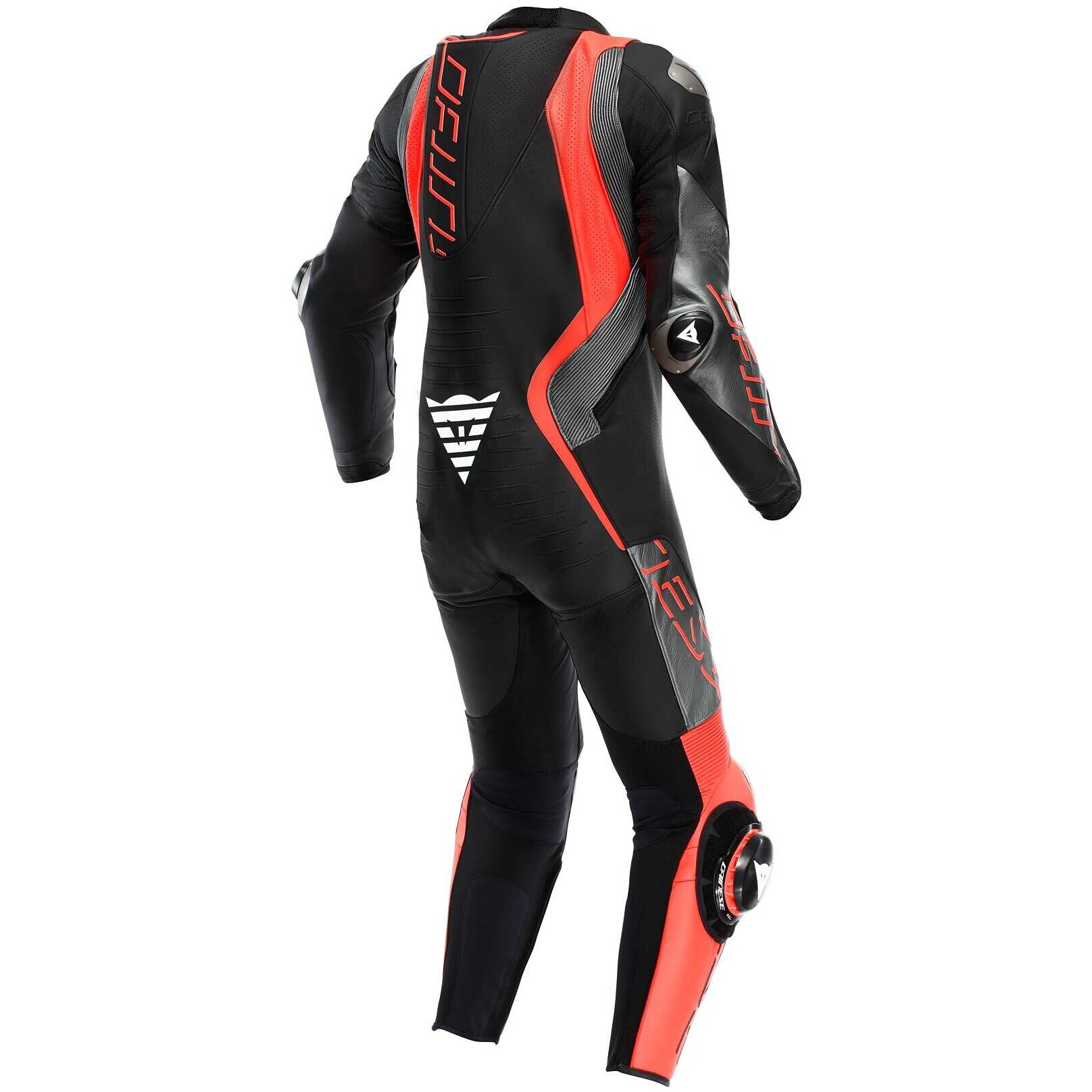 TUTA INTERA IN PELLE DAINESE AUDAX D-ZIP TRAFORATA NERA ANTRACITE ROSSO FLUO