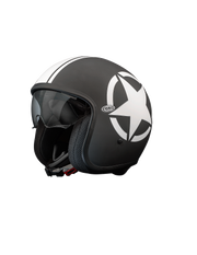 Premier vintage jet motorcycle helmet in matte black and white with retro star design.