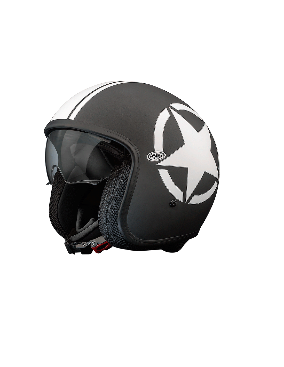 Premier vintage jet motorcycle helmet in matte black and white with retro star design.