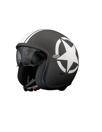 Premier vintage jet motorcycle helmet in matte black and white with retro star design.