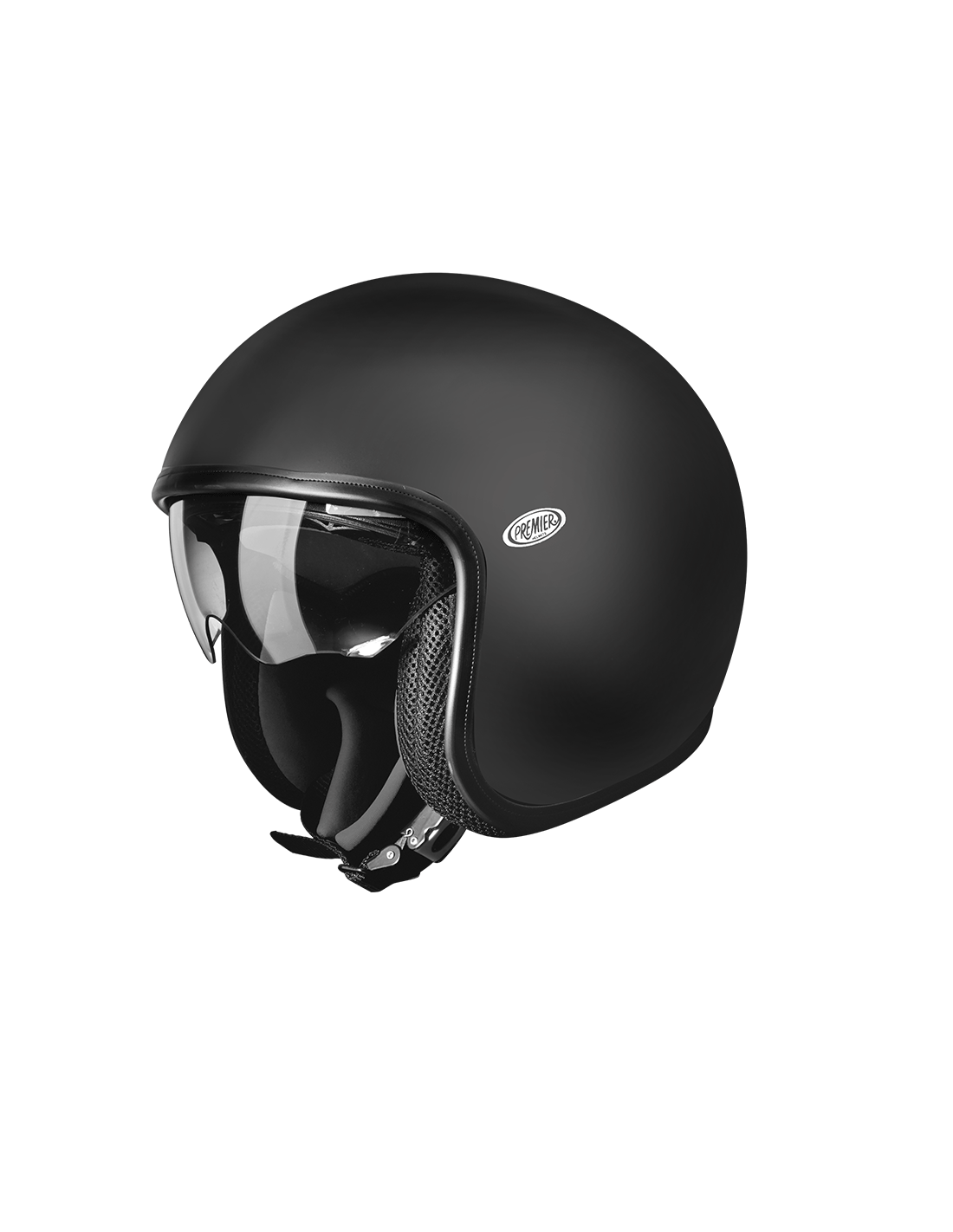 Matte black Premier vintage jet motorcycle helmet with a classic design and sleek finish.