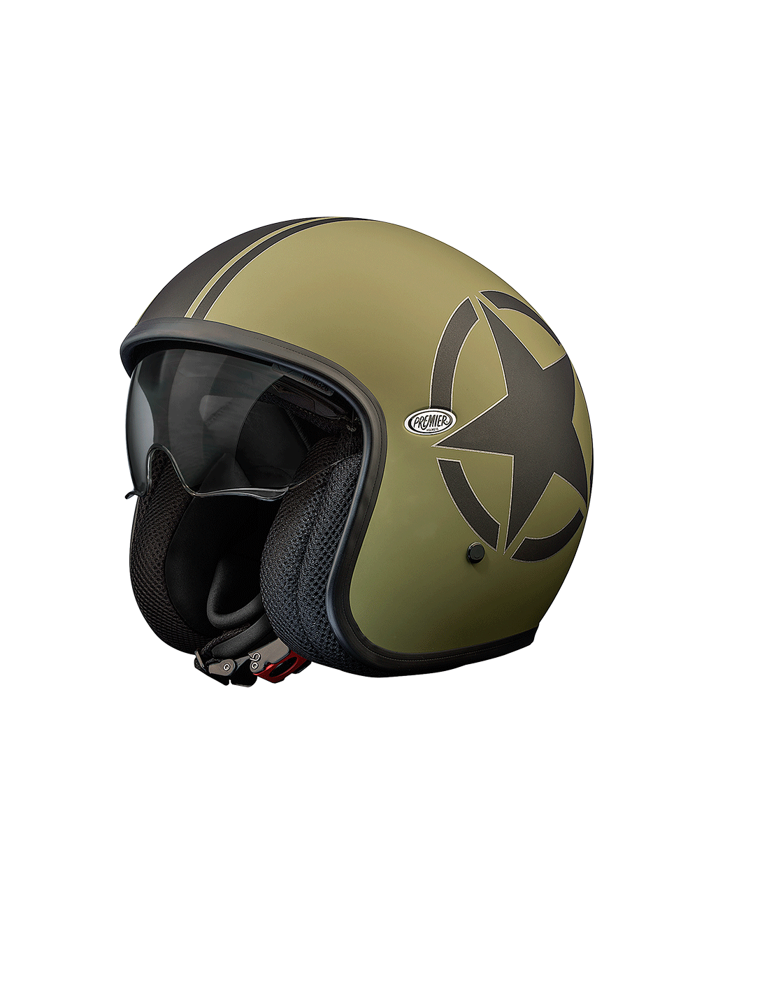 Premier vintage jet motorcycle helmet in military style with a retro design and sleek finish.