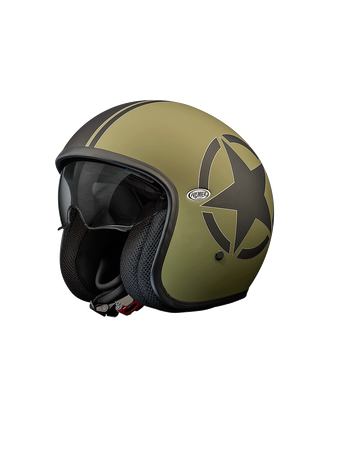 Premier vintage jet motorcycle helmet in military style with a retro design and sleek finish.